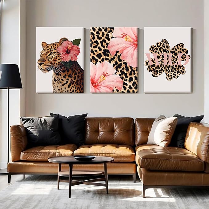 Trendy Leopard Wall Art Pink Cheetah Print Room Decor Leopard Flower Canvas Wall Decor Cheetah Aesthetic Poster Girly Pink Preppy Picture Funky Y2k Artwork for Girl Bedroom 12x16x3 Inch Wrapped Canvas