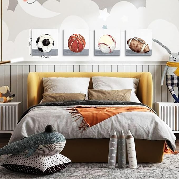 Boys Room Wall Decor Sports Decor for Boys Bedroom Rustic Soccer Football Baseball Basketball Canvas Pictures Kids Wall Art Vintage Ball Painting Nursery Playroom Artwork Home Decorations 12x12" 4 Pcs