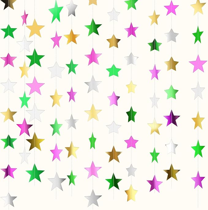 Patelai Glitter Star Garland Banner 2026 Graduation Decor 130 Feet Star Hanging Banner Twinkle Backdrop for Party Birthday Classroom Wedding Supplies(Green,Pink,Gold,Silver)