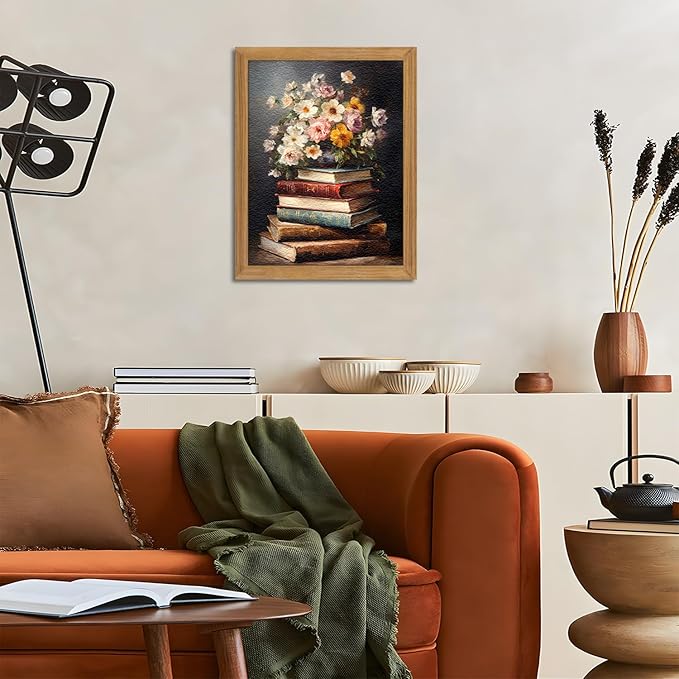 Framed Vintage Floral Wall Art - 3D Textured Flowers Books Sandstone Hand Drawn Art Oil Painting - Minimalist Botanical Wall Decor for Bedroom Living Room Office Decor 12X16in