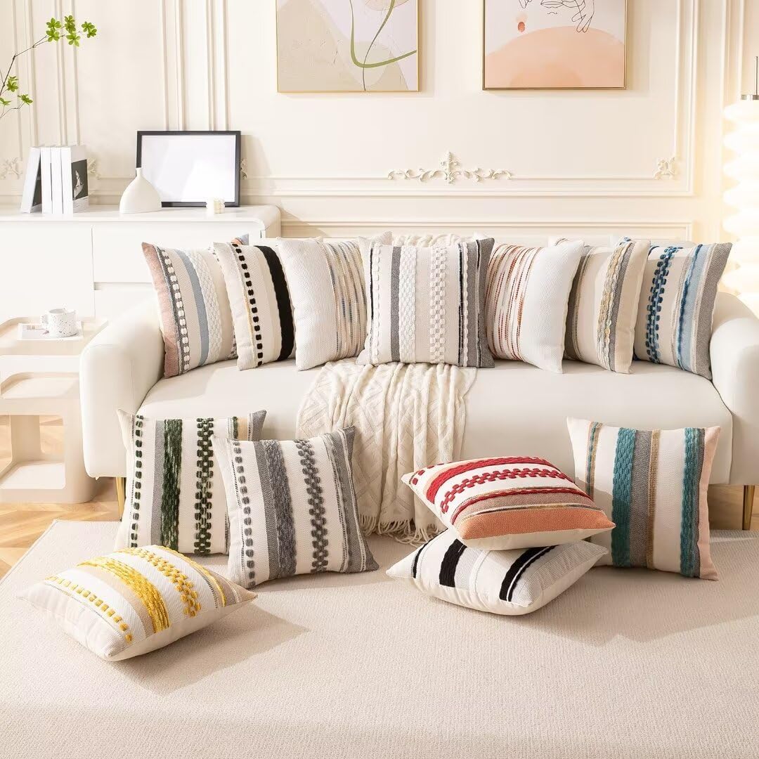 Boho Throw Pillow Covers 18x18 Set of 2 Farmhouse Decorative Cushion Case Striped Square Pillows Cover Chenille Pillow Cases Accent Neutral Pillowcase for Sofa Couch Bed,Yellow-Blue