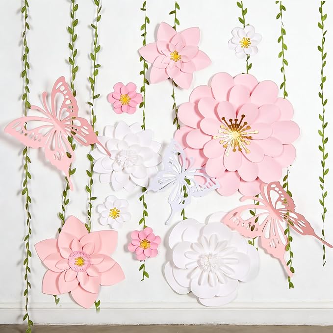 Paper Flower Decoration for Wall 3D Paper Butterfly Flower Bulletin Board Decor Pink White Artificial Flower Backdrop Wall Decor Green Leaves Vine for Classroom Office Spring Garden Tea Women Birthday