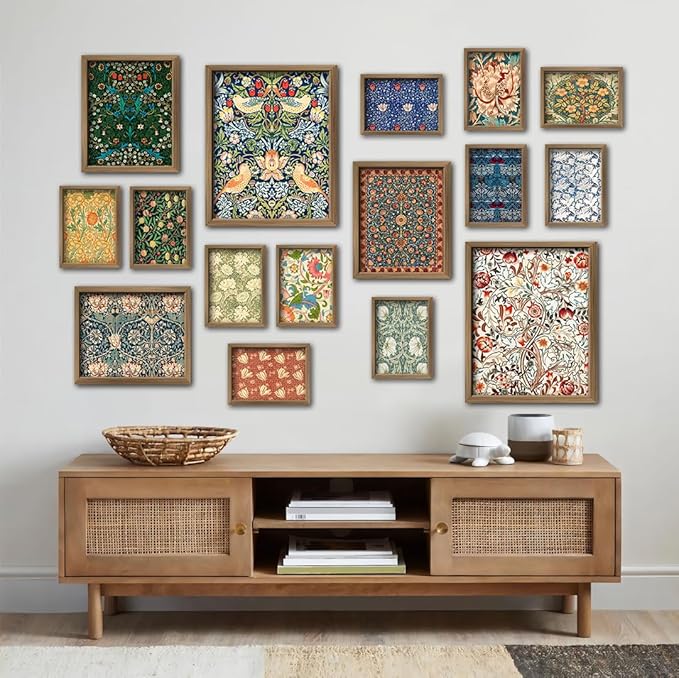 ANERZA 16 PCS Framed William Morris Wall Art Decor, Floral Wall Prints for Bedroom, Gallery Wall Frame Set, Vintage Posters for Living Room Aesthetic, Botanical Collage Kit, Dorm Home Artwork