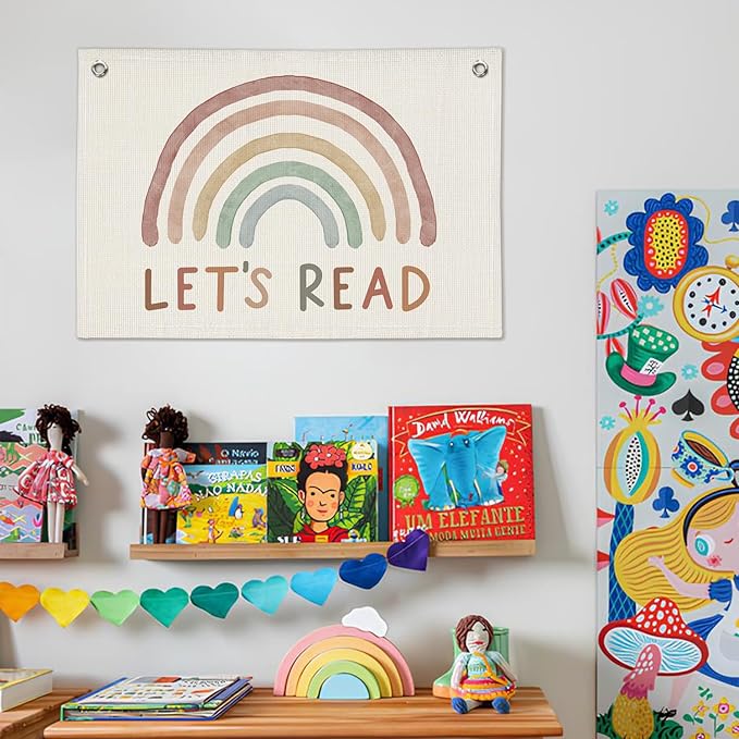Read Linen Banner - Boho Classroom Decor, Reading Room Wall Hanging, Rainbow Canvas Flag for Homeschool, Elementary & Middle School Decorations, 20x30 Inch