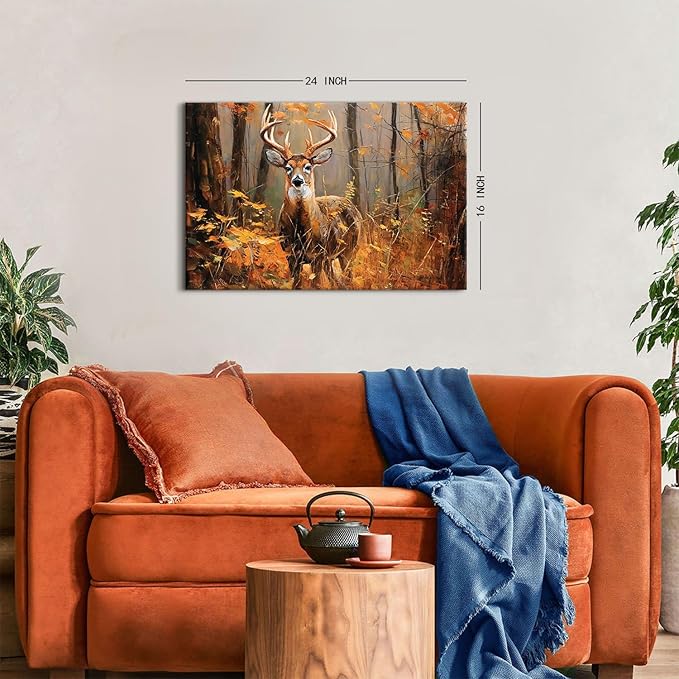 Fall Forest Wall Art Deer Wall Decor Autumn Maple Leaves Landscape Painting Wildlife Animal Canvas Prints Nature Wildflower Pictures Woodland Artwork for Kitchen Living Room Home Decorations 16x24"