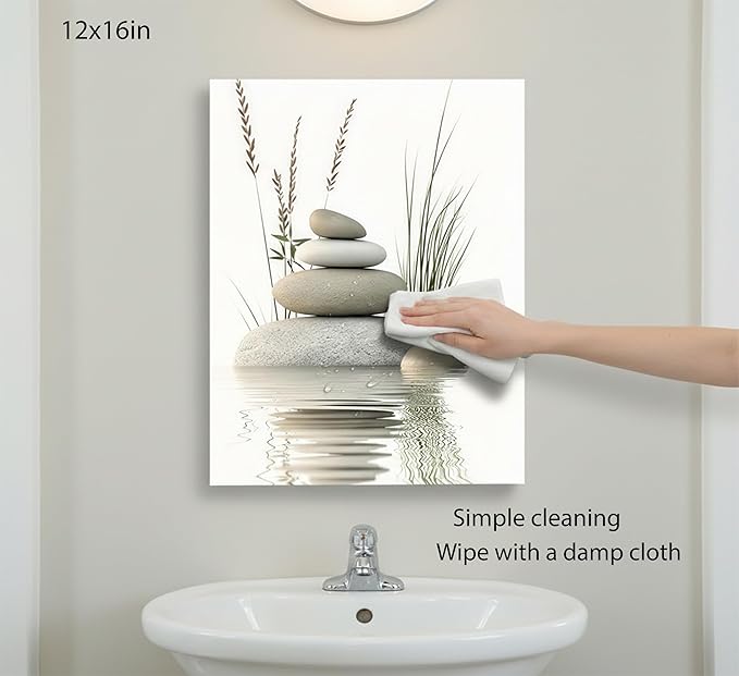 KBIERQN Zen Stone Canvas Wall Art Stacked Stones in Water Poster Print Tranquil Wild Grass Painting Picture for Spa Yoga Meditation Room Bathroom Wall Decor 12x16in Framed Ready to Hang