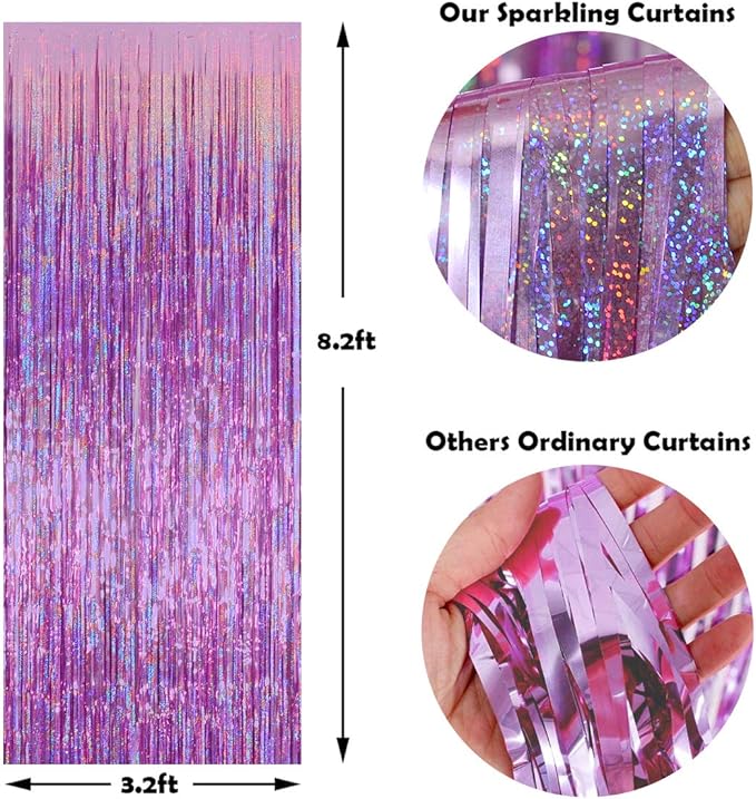 Melsan 3 Pack 3.2 x 8.2 ft Sparkling Pinkish Purple Tinsel Valentines Backdrop Fringe Curtain Backdrop Party Decorations Glitter Decor for Birthdays, Bachelorette, Weddings, Photo Booth