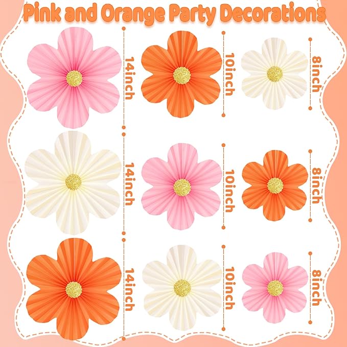 Pink and Orange Party Decorations Pink Paper Flowers Decorations for Wall 9pcs with 9 Gold Glitter Floral Centers Paper Fans Floral Backdrop Flower Wall Decor for Birthday Classroom Baby Shower, Guide