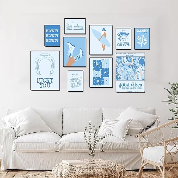 Uniro Coastal Cowgirl Room Decor, Coastal Granddaughter Room Decor, Light Blue Beachy Wall Decor Aesthetic Poster Pictures, Trendy Beach Wall Art Prints Preppy Surf Posters for Teen Girls, Dorm Bedroom Apartment decor- UNFRAMED