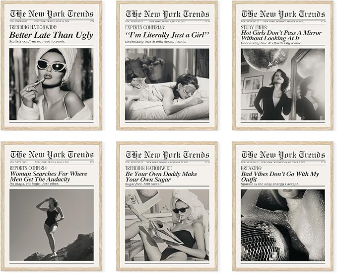 Trendy Feminist Newspaper Wall Art Prints of 6,Retro Black and White Vogue Posters for Room Aesthetic,Audrey Hepbum Fashion Wall Art Bedroom, Vintage Bar Cart Art Feminine Decor for Dorm Apartment,Unframed