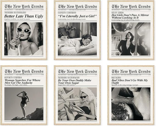 Trendy Feminist Newspaper Wall Art Prints of 6,Retro Black and White Vogue Posters for Room Aesthetic,Audrey Hepbum Fashion Wall Art Bedroom, Vintage Bar Cart Art Feminine Decor for Dorm Apartment,Unframed