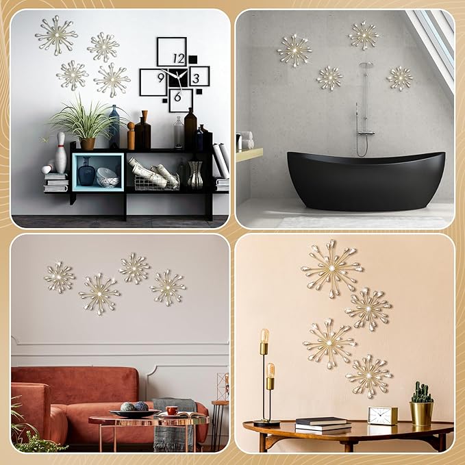 Hicarer 4 Pcs Starburst Wall Decor Bling Wall Art Crystal Teardrop 3D Hanging Rhinestone Radial Metal Artwork Modern Accent Sculptures Decorations for Living Room Home Office Bedroom(Gold)