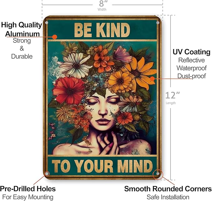 HYBLOM Vintage Room Decor, Boho Office Decor, Be Kind to Your Mind Wall Art Signs, Hippie Posters for House Aesthetic, Retro Metal Sign 12x8 Inches