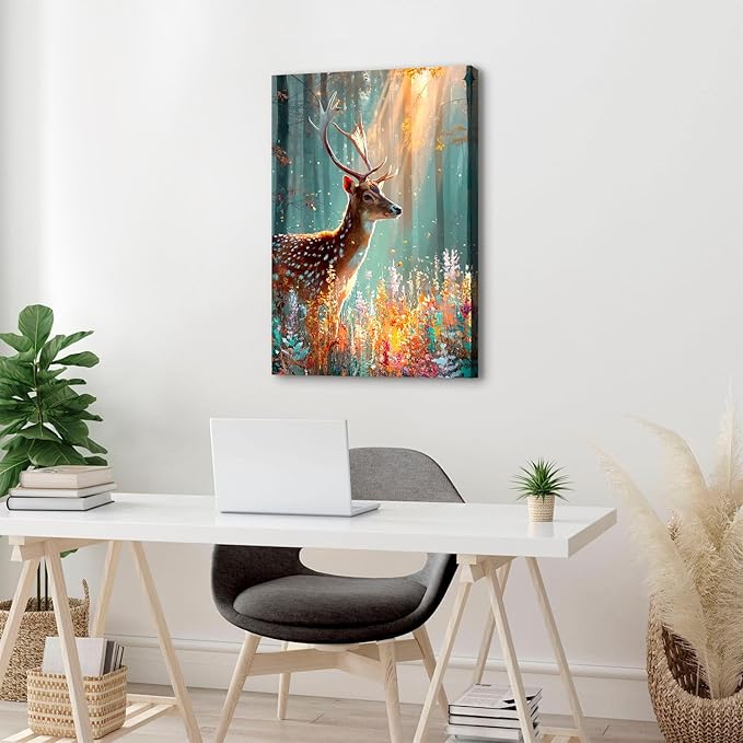 Deer Wall Art Fall Forest Wall Decor Nature Autumn Landscape Picture Rustic Wildlife Animal Canvas Prints Farmhouse Elk Painting Colorful Flowers Artwork for Bedroom Living Room Home Decoration 24x36"