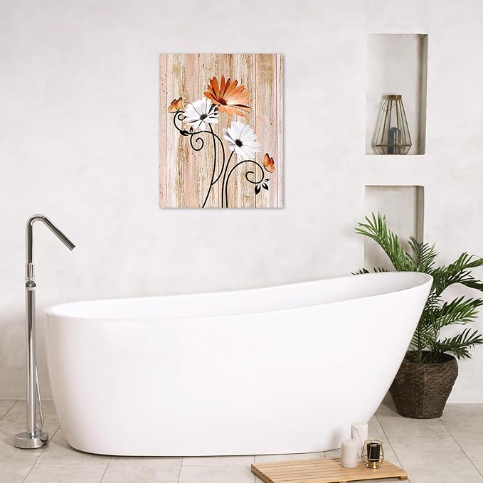 HVEST Orange Daisy Wall Art Vintage Floral and Butterfly on Rustic Wooden Canvas Wall Art Farmhouse Plant Wall Art for Living Room Bathroom Bedroom Office Decor, 10Lx8W Inches