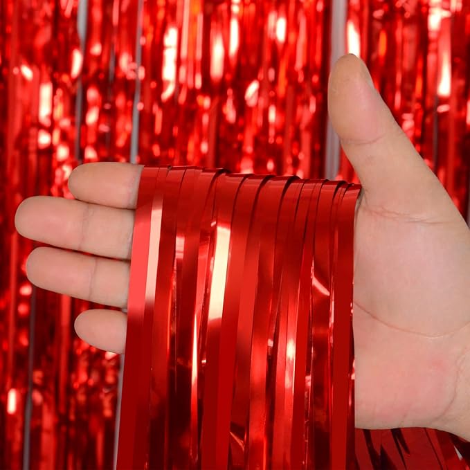 Red Party Streamers Decorations 3 Pack 3.2 x 8.2 ft Shiny Fringe Curtain for Birthday Party Decor, Red Streamers Backdrop, Valentines Day Decorations (Pure Red)