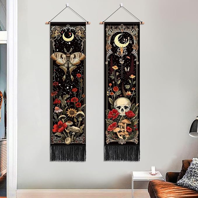 ARTCREATOR Pack of 2 Witchy Gothic Wall Bedroom Decor Moth Moon Tapestry Skull Mushroom Vertical Tapestries Retro Floral Flowers Tapestries for Bedroom Aesthetic Art Room (12.8 x 51.2 inches)