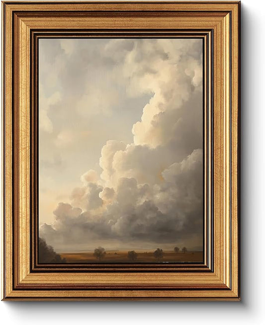 HUARCEY Gold Framed Canvas Wall Art, Cloud Picture Decor, Bedroom Living Room Sky Landscape Nature Decor, Rustic Vintage Neutral Canvas Paintings, 8x10inch