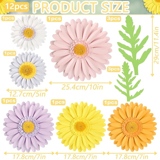 SUNBEAUTY Daisy Party Decorations, Paper Flowers, Flower Wall, Purple Yellow Flowers Wall Hanging, 1st Birthday Bridal Baby Shower Wedding Classroom Tea Party Daisy Décor 10" 7" 5" Pack of 12