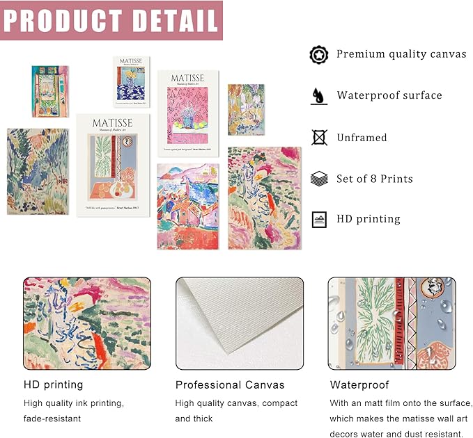 uniro Matisse Wall Art Prints, Matisse Eclectic Wall Decor, Henri Matisse Exhibition Posters for Room Aesthetic, Minimalist Abstract Vintage Gallery Canvas Paintings, Maximalist Eclectic Home Decor
