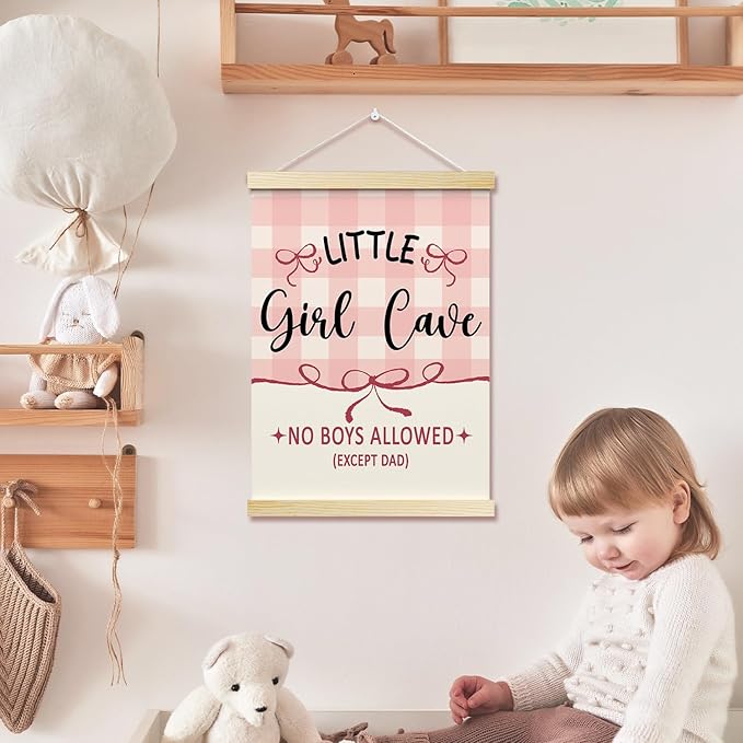 Littil Girl Cave Posters Hanger Frame for Girls Room Hanging Pink Bows Poster for Bedroom Kids Room Classroom Decor Wall Art Decor for Nursery Playroom Canvas Wall Art Print 16x12 Inches - YY045