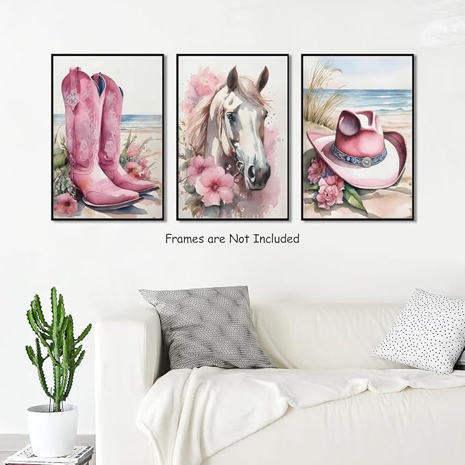 Djmwtb Coastal Cowgirl Canvas Wall Art Western Girl Room Decor Set of 3 Pink Flower Boots Hat Horse Pictures Trendy Preppy Posters Prints Watercolor Painting for Dorm Bedroom 16x24in Unframed