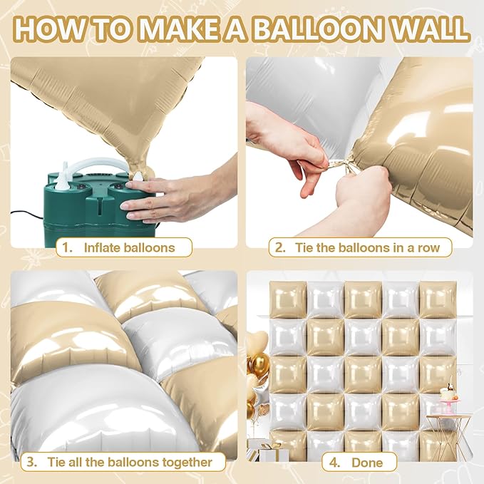 NISOCY 25PCS Beige White Square Foil Balloons Wall Backdrop Double Sided Sand Pearl White Balloon Arch Kit for Birthday Baby Bridal Shower Graduation Gender Reveal Engagement Party Decoration