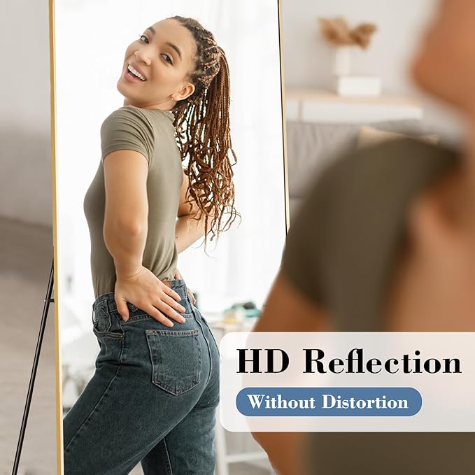 DUMOS Full Length Mirror with Stand, 68"x26" Floor Mirror with Aluminum Alloy Frame for Bedroom, Standing Full Body Mirror with Shatter-proorf Nano Glass for Wall, Living Room, Cloakroom, Gold