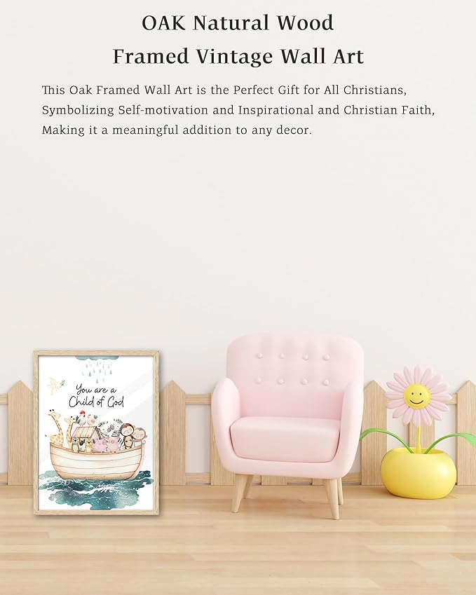 KensTro Natural OAK Wood Noah Ark Framed Wall Art, 12x16 in Being Loved By God,Ark Guardian Animal Christian Bible Verse Canvas Art,You Are a Child of God,Set of 1 Decor Painting for Children's Space