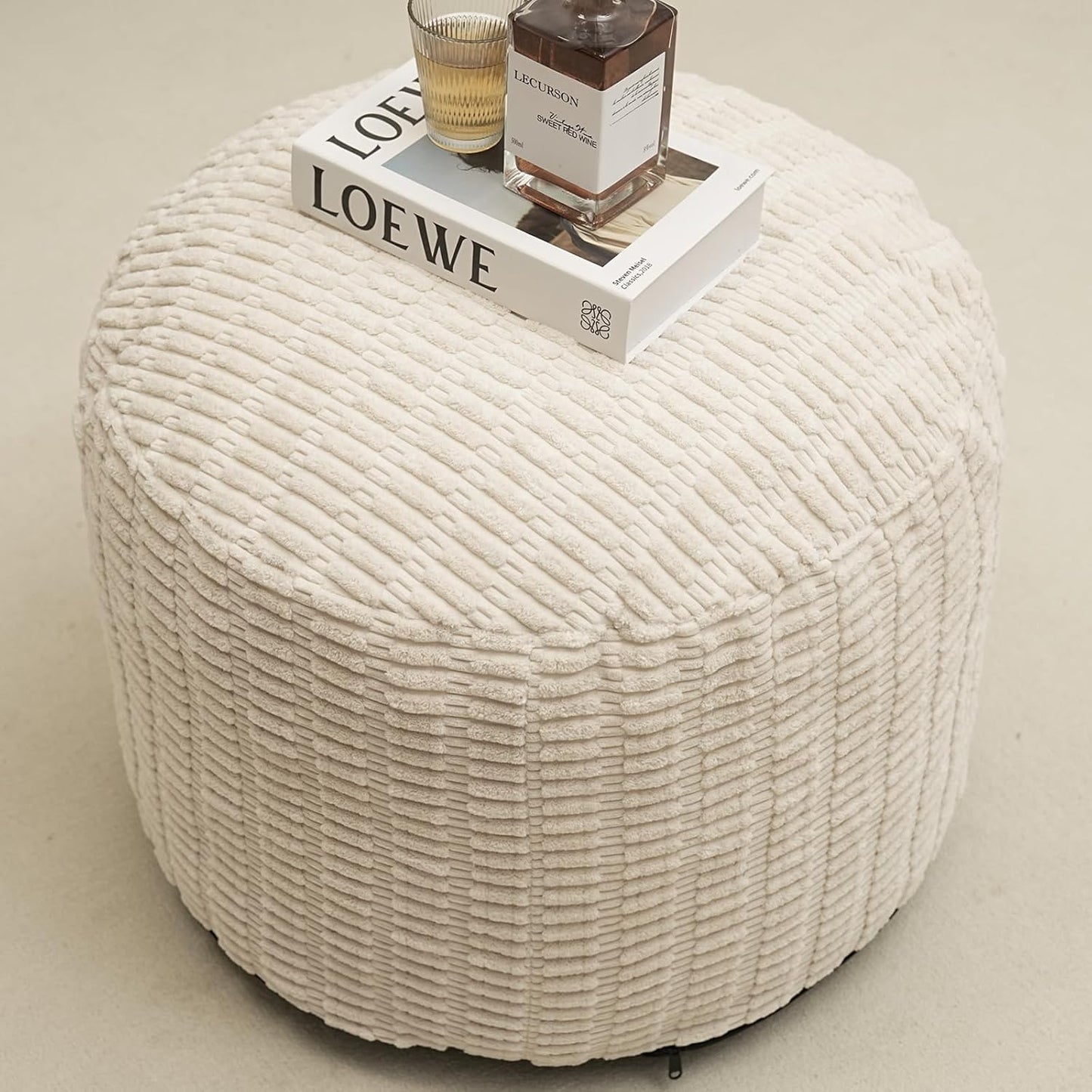 Round Stuffed Pouf Ottoman for Foot Rest, Storage Ottoman Pouf Foot Stool Cushion, Faux Fur Poufs with Foam Chunk Filling, 26 X 18 Inch Floor Chair for Living Room Bedroom Home Decor, Beige