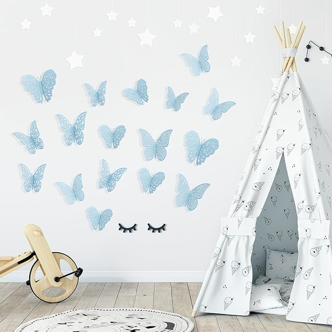 Bememo 72 Pieces 3D Butterfly Wall Decals Sticker Decal Wall Decor Art Decorative Sticker 3 Sizes for Room Offices Bedroom Bathroom Living Room Decor(Sky Blue)
