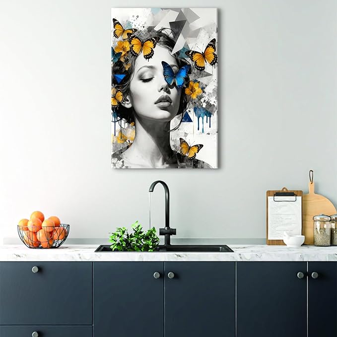 Women Portrait Wall Art Blue Yellow Butterfly Paintings Picture Abstract Black and White Women Wall Decor Aesthetic Minimalist Canvas Prints Artwork for Bedroom Bathroom Spa Home Decorations 16x24"
