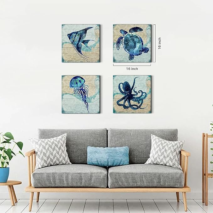 Boho Beach Bathroom Decor Navy Blue Fish Sea Turtle Jellyfish Octopus Canvas Wall Art Ocean Nursery Picture Under the Sea Animal Kids Painting for Living Room Bedroom Office Home Decorations 12x12" 4P