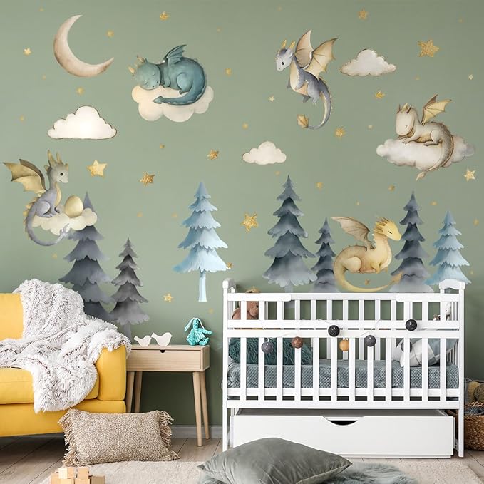 Dragon Wall Stickers,Peel and Stick Colorful Flying Dragon,White Clouds, Stars.Tree Self-Adhesive Mural，Removable Wall Sticker for Living Room Baby Nursery Kids Room Wall Decor (Large Dragon Decal)