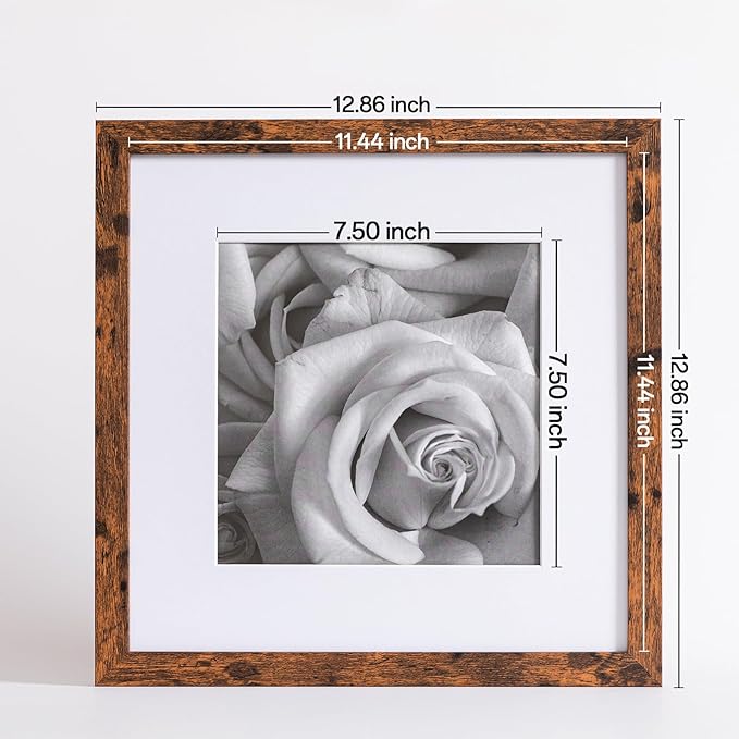 eletecpro 12x12 Picture Frames Set of 9 with Mat for 8x8 Photos or without Mat for 12x12, Square Gallery Wall Decor Collage for Picture Display, Rustic Brown Frame Set for Wall Hanging