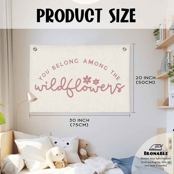 Girls Room Decor, Wildflower Baby Girl Nursery Decor, Baby Shower Pink Linen Canvas Banner, Wall Hanging Banner Flag 20x30 Inch - Pink