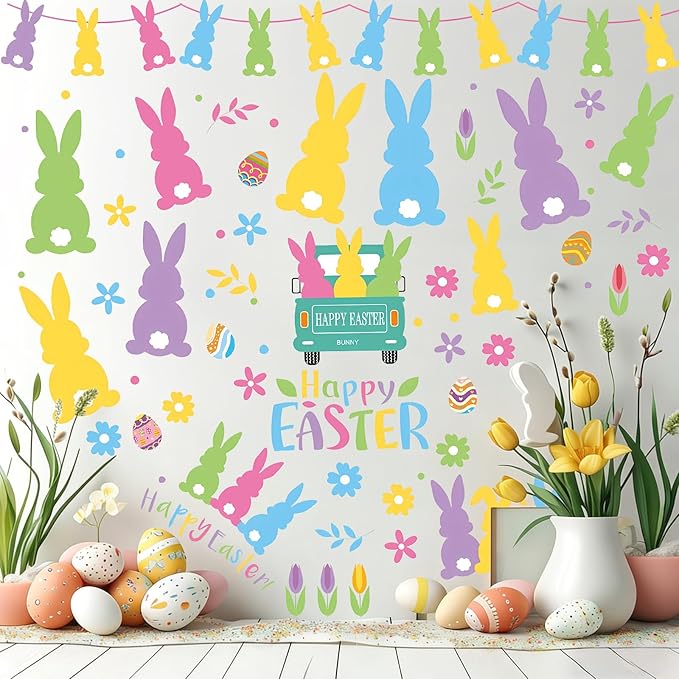 Happy Easter Bunny Wall Decals, 9 Sheet Easter Colorful Rabbit Wall Stickers Removable for Home Classroom Office Wall Decorations