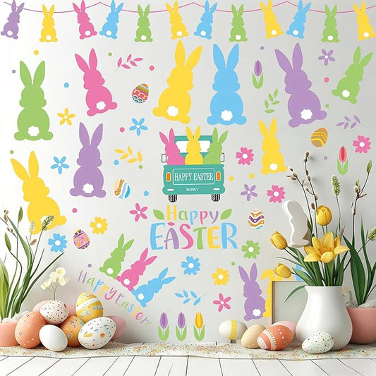 Happy Easter Bunny Wall Decals, 9 Sheet Easter Colorful Rabbit Wall Stickers Removable for Home Classroom Office Wall Decorations