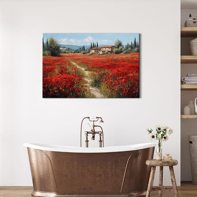 Red Poppy Wall Art Abstract Flowers Landscape Canvas Wall Decor Nature Wildflower Paintings Pictures Rural Floral Field Scenery Posters Farmhouse Artwork for Bedroom Bathroom Home Decorations 24x36"