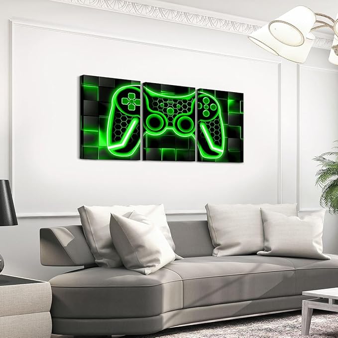Feelyou Gamer Canvas Wall Art - 12"x16", 3-Piece Green & Black Ombre Gaming Decor, Office & Living Room