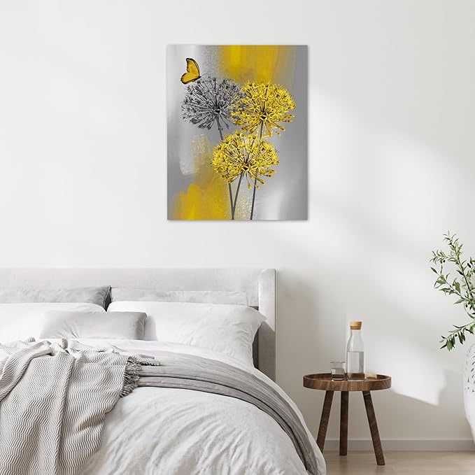 LB Yellow Dandelion Canvas Wall Art Yellow Grey Dandelion with Butterfly on Modern Abstract Wall Art Aesthetic Wall Decor for Living Room Bedroom Bathroom Office Framed Ready to Hang 16L x 12W
