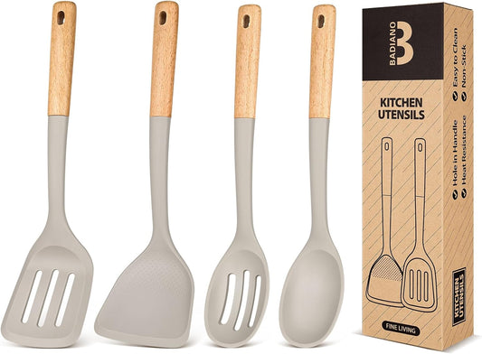Silicone Cooking Utensils Set, Perfectly Angled for Frying, Mixing,Serving,Draining,Turning and Stirring, BPA-Free Matte Silicone, Wood Handles, Safe for Nonstick Cooking Surfaces,4 Pack (Khaki)