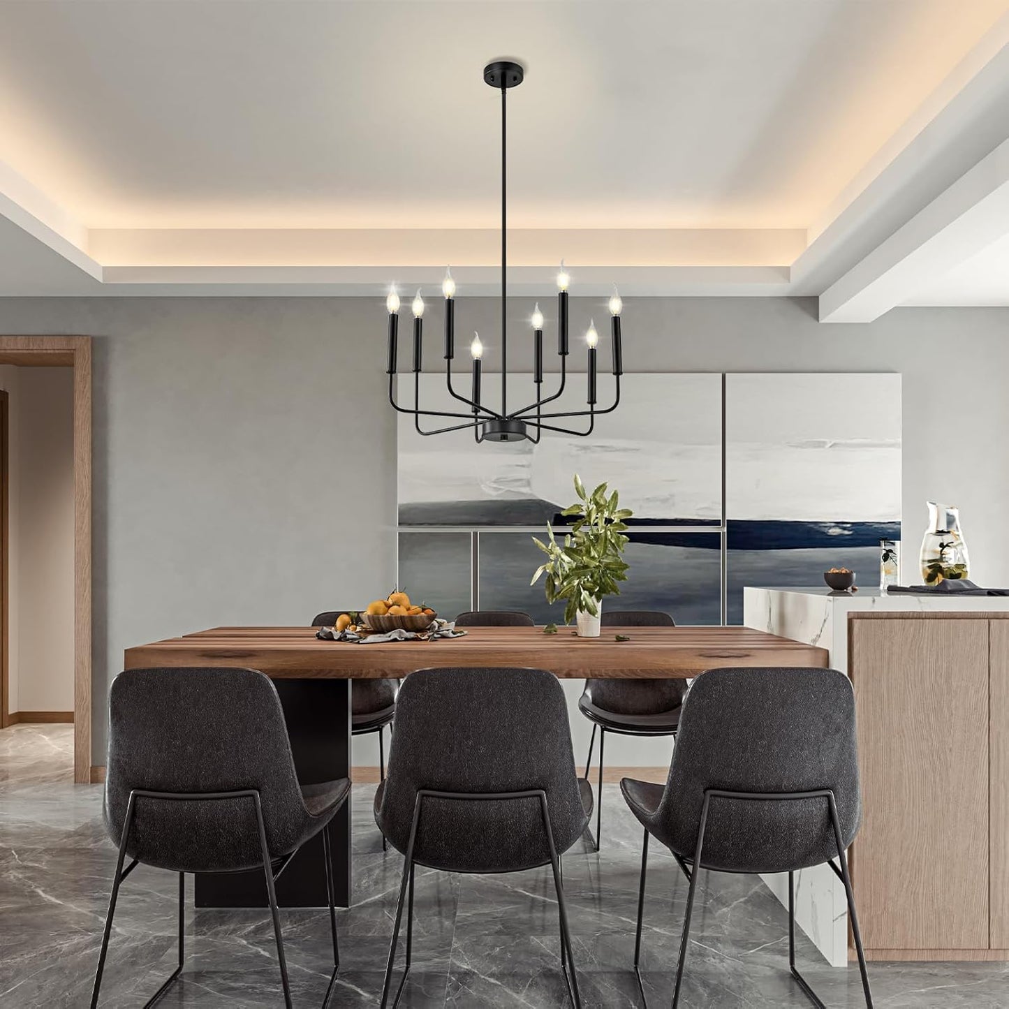 Modern Black Farmhouse Chandeliers, 8-Light Industrial Metal Chandelier Lighting, Classic Candle Hanging Pendant Light Fixtures for Kitchen Bedroom, Dining Room, Living Room,Foyer