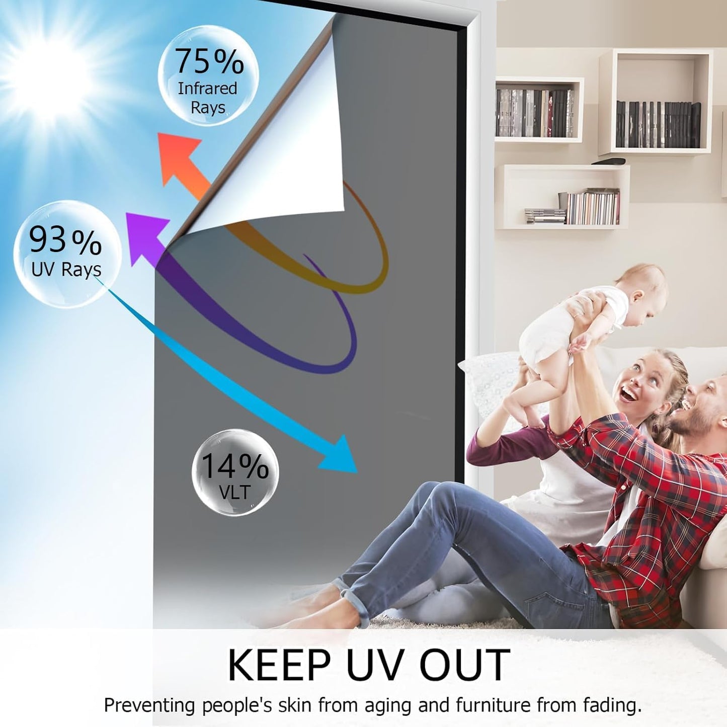 HIDBEA One Way Window Film, Daytime Privacy Sun Blocking Reflective Window Film No Glue Static Cling Heat Control Window Tinting Film for Home and Office, Black Silver, 45.3 x 157.5 Inch