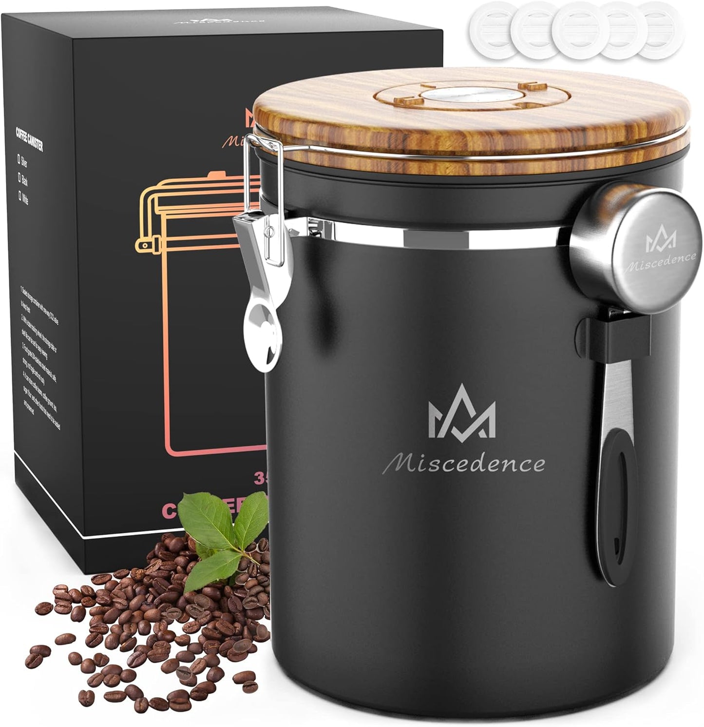 35OZ Coffee Canister for ground coffee with Date Tracker,Wood grain lid 304 Stainless Steel Kitchen Food Airtight storage container for Coffee Beans or Grounds, Tea, Sugar(35oz-grain)