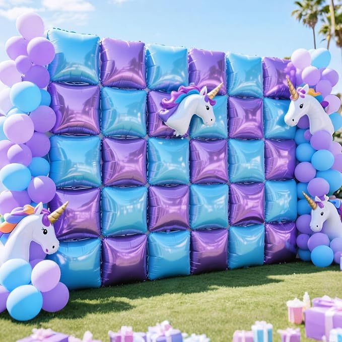 NISOCY 25PCS Light Purple and Blue Square Foil Balloons Wall Backdrop Double Sided Purple and Light Blue Frozen Balloons Arch Kit for Birthday Baby Bridal Shower Kids Winter Theme Party Decorations