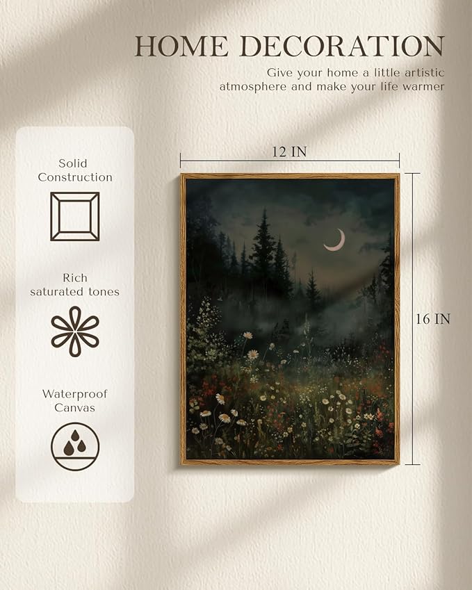 WHASAYART Moonlit Forest Wall Art 12x16 Framed Wildflower Meadow Canvas Print, Rustic Nature Night Landscape Artwork Moody Dark Crescent Moon Botanical Flowers Trees Art, Aesthetic Bedroom Home Decor