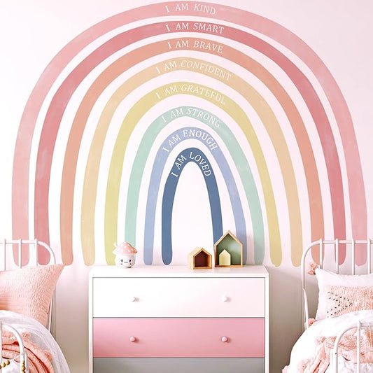 Large Watercolor Rainbow Wall Decals with Inspirational Quote, Colorful Peel and Stick Fabric Nursery Wall Decor, Removable Home Room Wall Murals Stickers for Kids Girls Toddler Bedroom Playroom