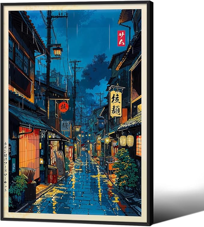Podafu Japanese Tokyo Tea House Canvas Wall Art - Modern Ukiyo-e Decor - Black Framed - 24x16in - Landscape - Indoor - Hallway