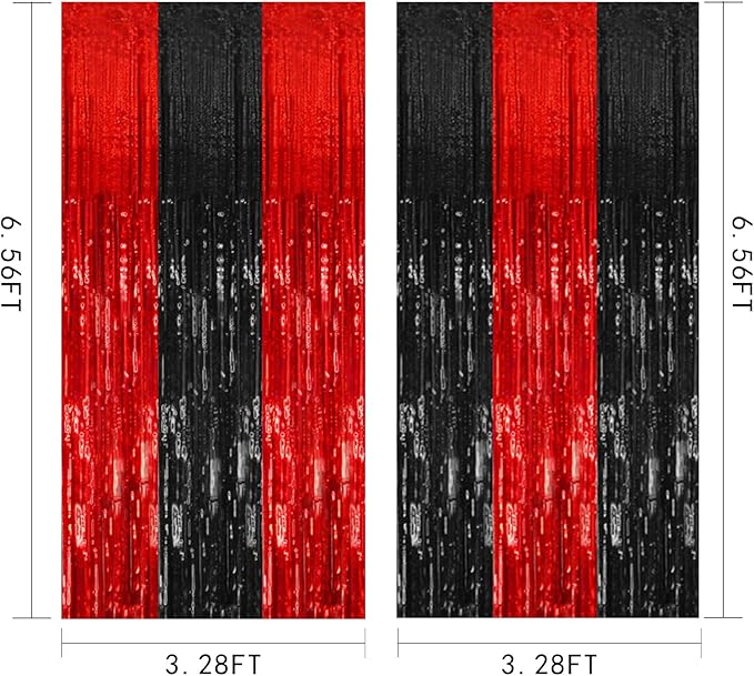 2 Pack Black and Red Party Backdrop Streamers Decorations Foil Fringe Curtains Metallic Tinsel Backdrop for Birthday Halloween Christmas New Year Fancy Ball Graduation Party Decor